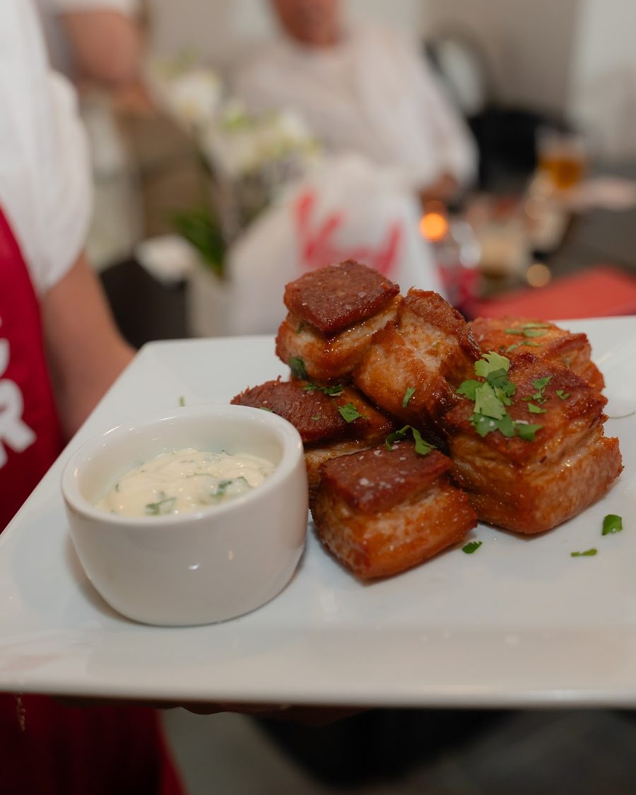 Glazed pork belly chicharrones with cilantro aioli
